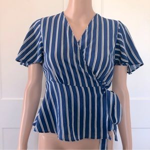 Monteau Blue White Stripes Flutter Sleeves Wrap Top Blouse Small XS
